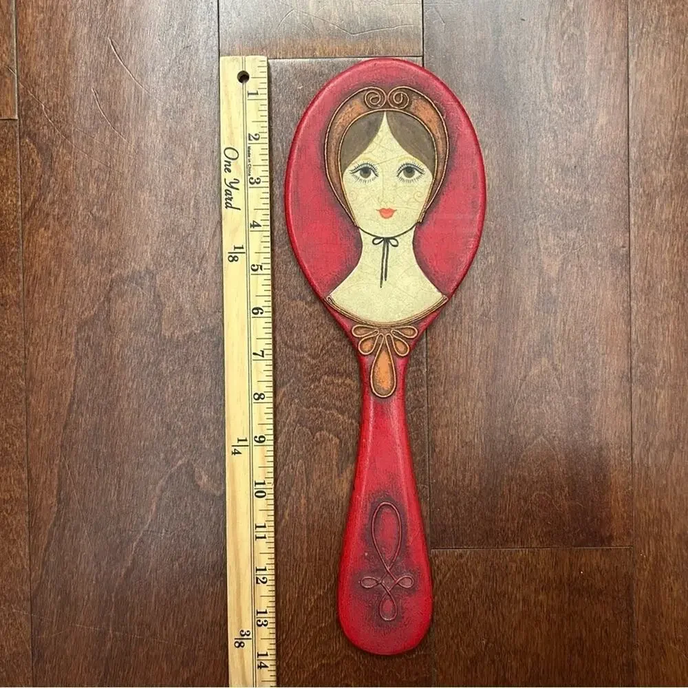 Rare Vintage 1960s Red Wooden Handmade Decorative Hand Mirror, Artist Signed
